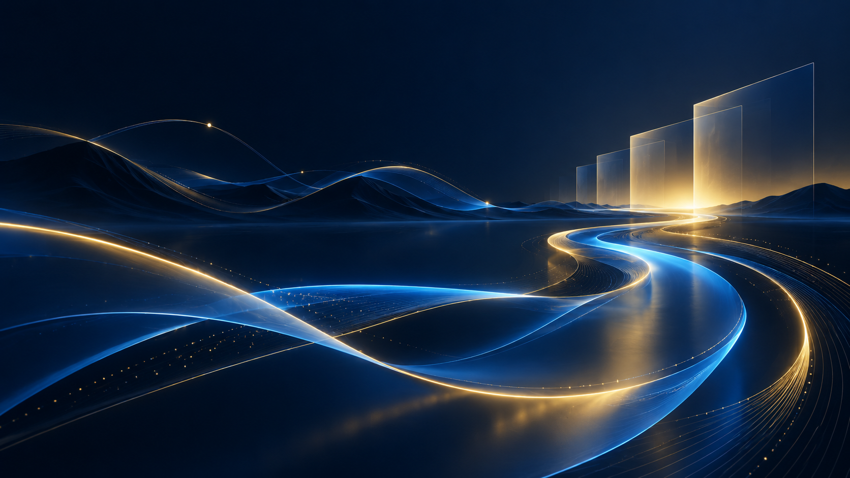 Abstract blue and gold pathways flowing toward illuminated digital panels